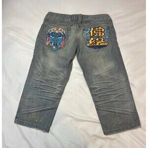 VTG 00s Laminated Embroidered Pocket Denim Capri Jeans Low Rise 27 Women Y2K 90s